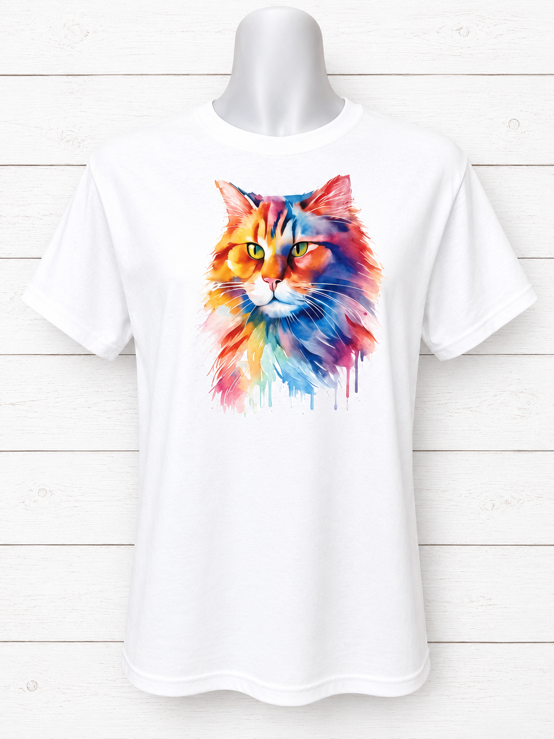 Custom Graphic T-Shirt-featuring a beautiful multicolored cat looking to the right