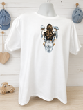 Custom Graphic T-Shirt-featuring a design of a mother carrying two children wearing denim caps.
