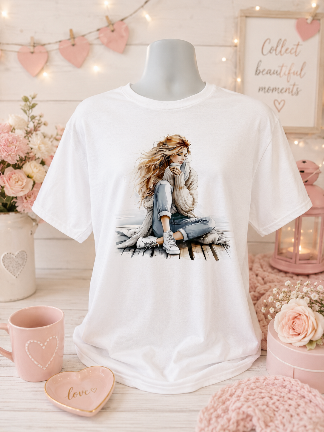 Custom Graphic T-Shirt- on a blonde woman at the dock, wearing a white sweater