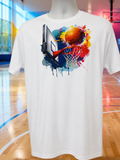 Custom Unisex T-Shirt-with a basketball hoop design and multicolored background.