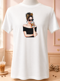 Custom Graphic T-Shirt-featuring a design of a girl with crossed arms drinking coffee.