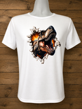 Custom Unisex T-Shirt-with a dinosaur design and an orange background.