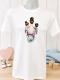 Custom Graphic T-Shirt-featuring a design of a mother carrying a girl and a boy in her arms.
