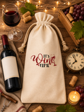 Custom Canvas Wine Bag- ("It's wine time") with red and black lettering and a red wine glass—perfect for gifting. Size: 5.9" x 13.7".