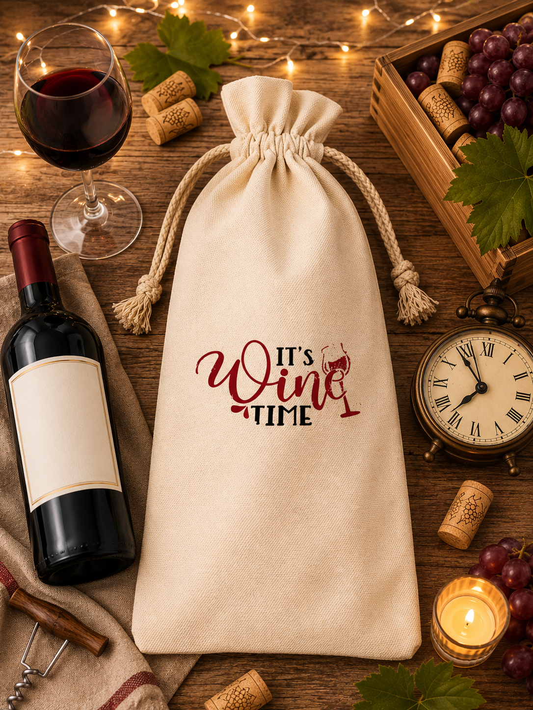 Custom Canvas Wine Bag- ("It's wine time") with red and black lettering and a red wine glass—perfect for gifting. Size: 5.9" x 13.7".