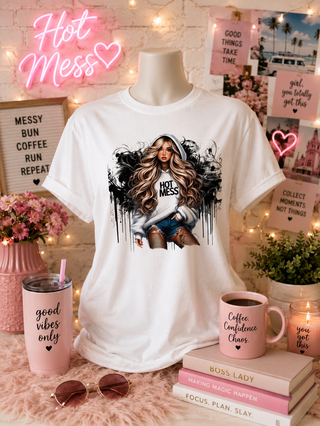 Custom Unisex T-Shirt-"Hot Mess" for girls, worn with a sweater and a hand in the shorts pocket