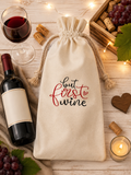 Custom Canvas Wine Bag ("But First Wine") with red and black lettering and a red wine glass—perfect for gifting. Size: 5.9" x 13.7".