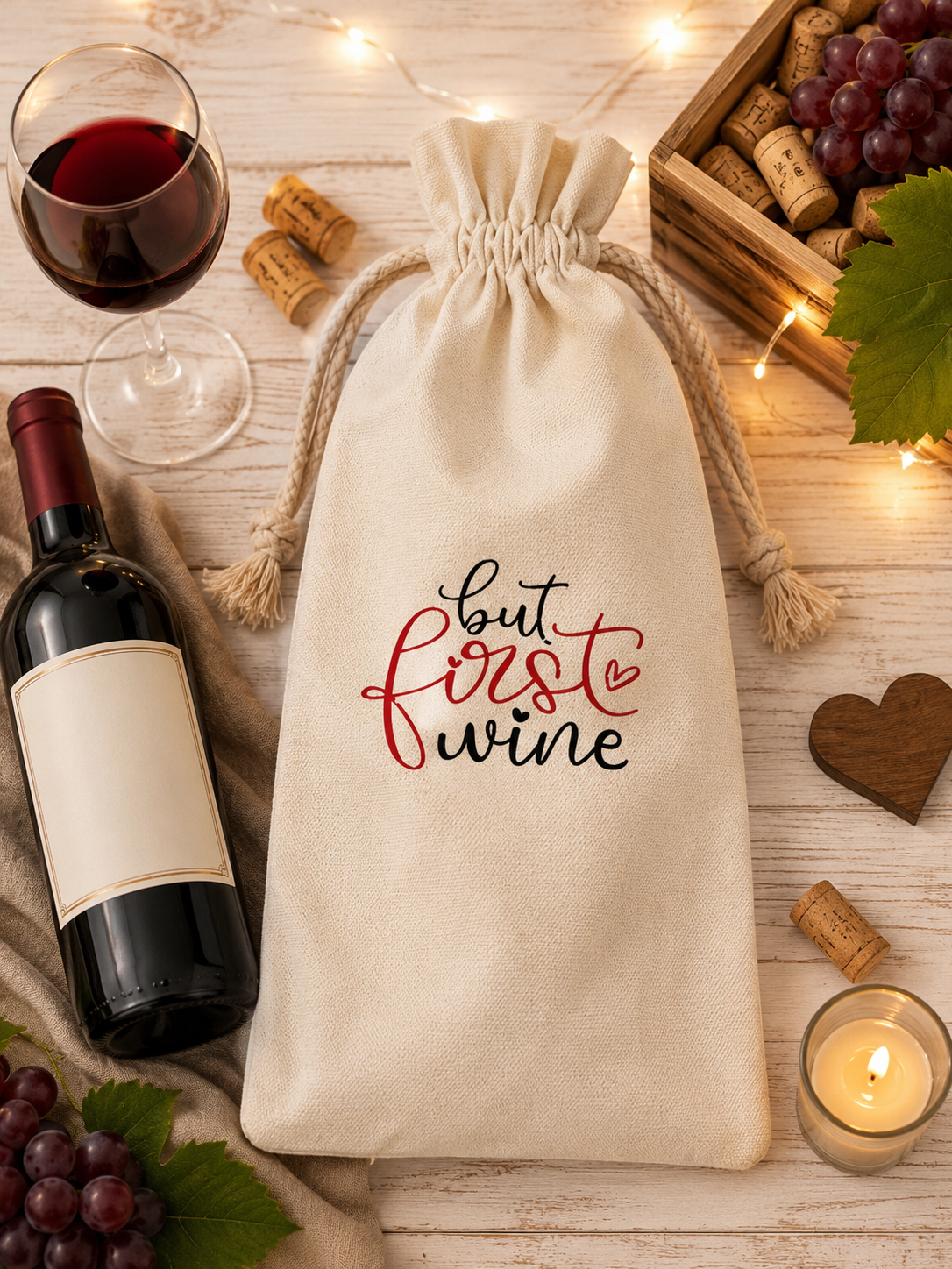Custom Canvas Wine Bag ("But First Wine") with red and black lettering and a red wine glass—perfect for gifting. Size: 5.9" x 13.7".
