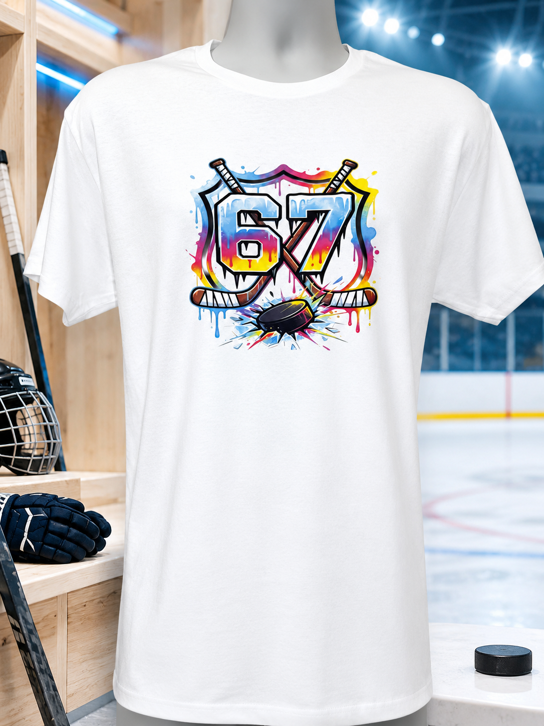 Custom Unisex T-Shirt- with a multicolored hockey stick and "67" design.