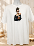 Custom Graphic T-Shirt-with a design of a girl drinking an iced frappé coffee.