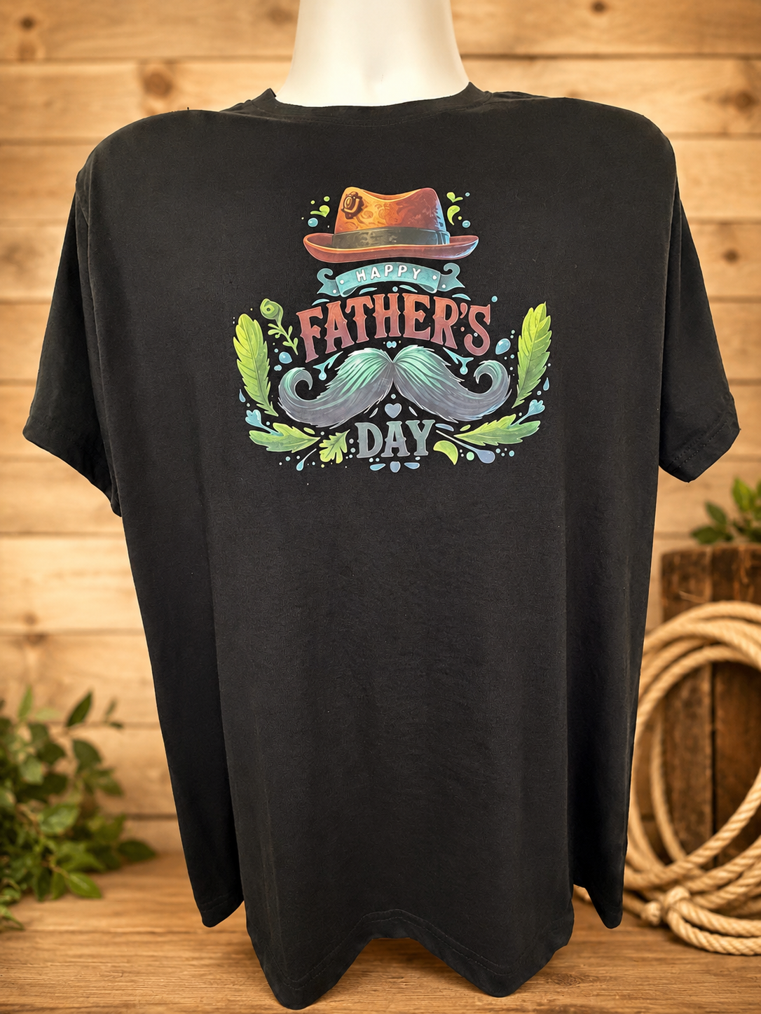 Custom Unisex T-Shirt-featuring a brown hat, green mustache, and "Happy Father's Day" design.