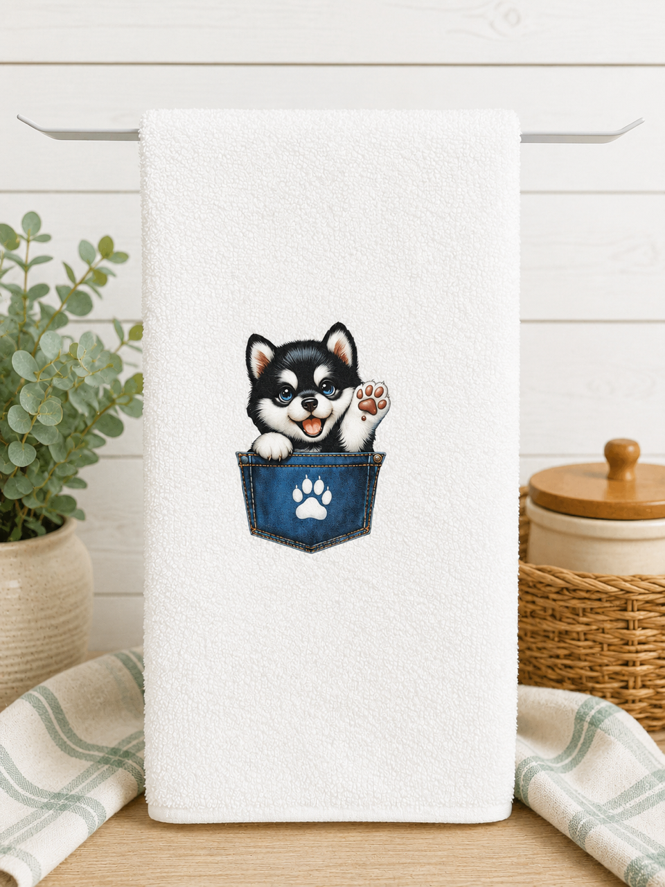 Custom Kitchen Towel-Puppy in the Pocket