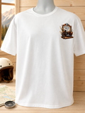 Custom Unisex T-Shirt- with motorcycle design Adventure Awaits, logo on the left