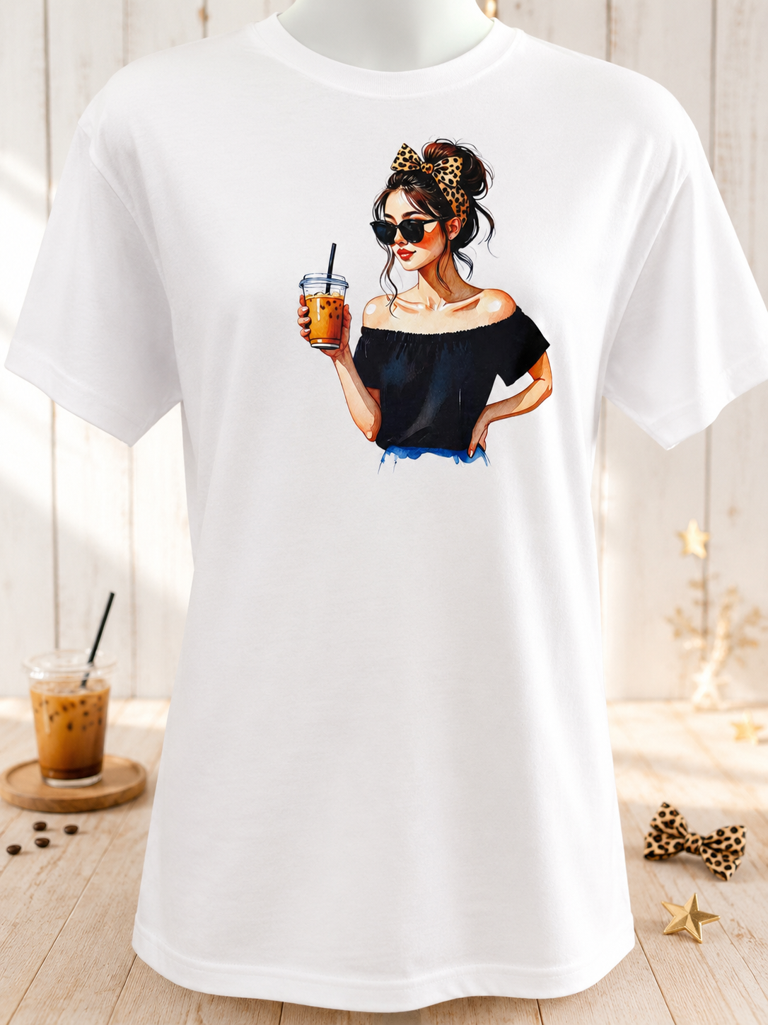 Custom Graphic T-Shirt-featuring a design of a girl drinking boba coffee.
