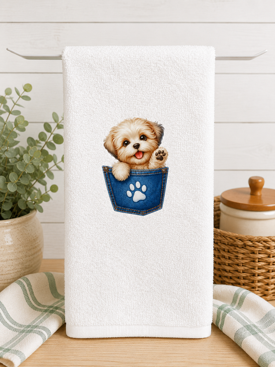 Custom Kitchen Towel-Puppy in the Pocket
