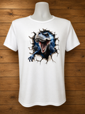 Custom Graphic T-Shirt-with a dinosaur design and a blue background.