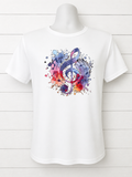 Custom Graphic T-Shirt-with a musical note design and a light purple spiral background.