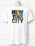 Custom Graphic T-Shirt-New York City T-shirt; each letter features a detail of the city.