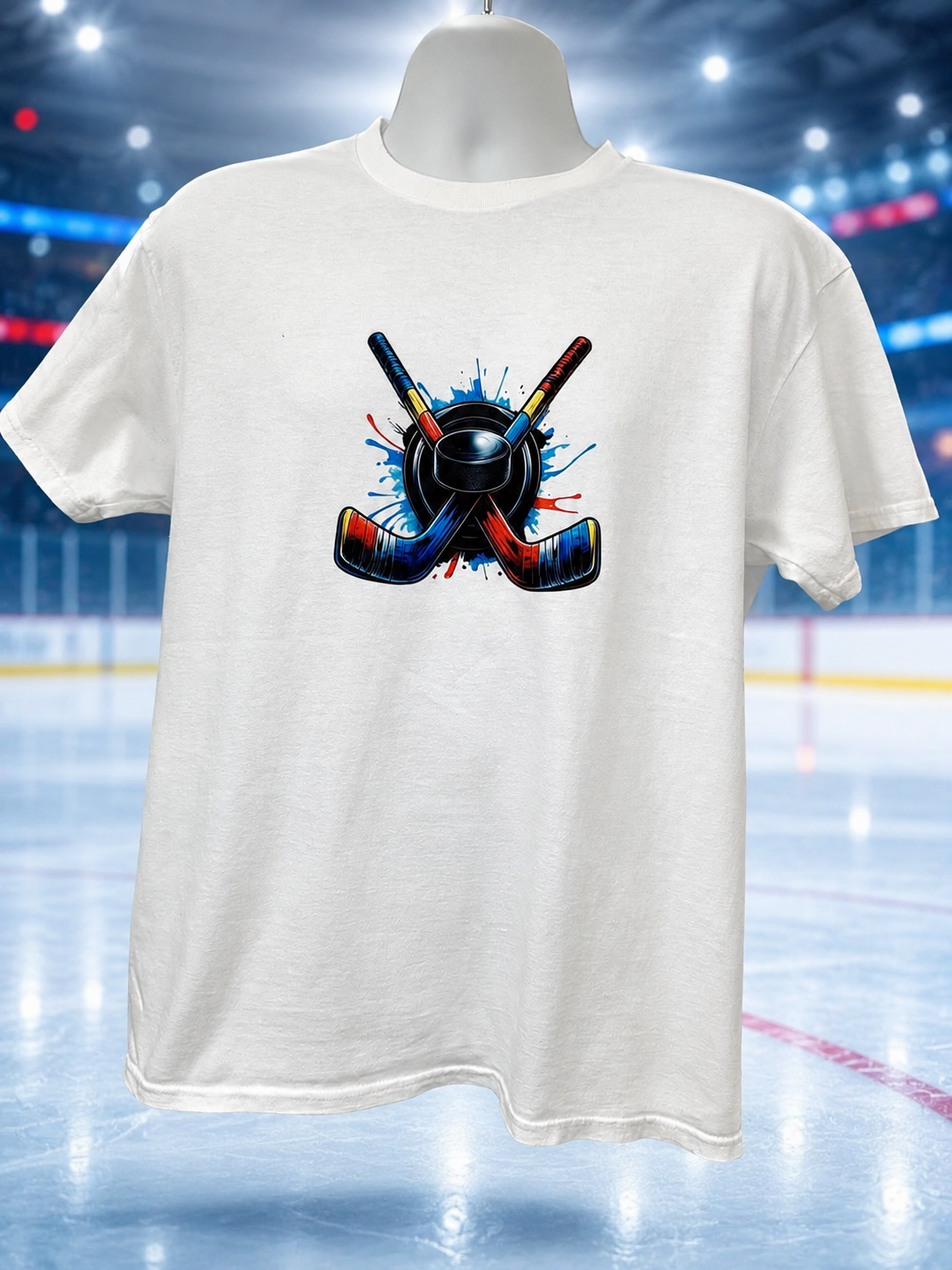 Custom Unisex T-Shirt- featuring a logo with hockey sticks and a black game puck in the background.