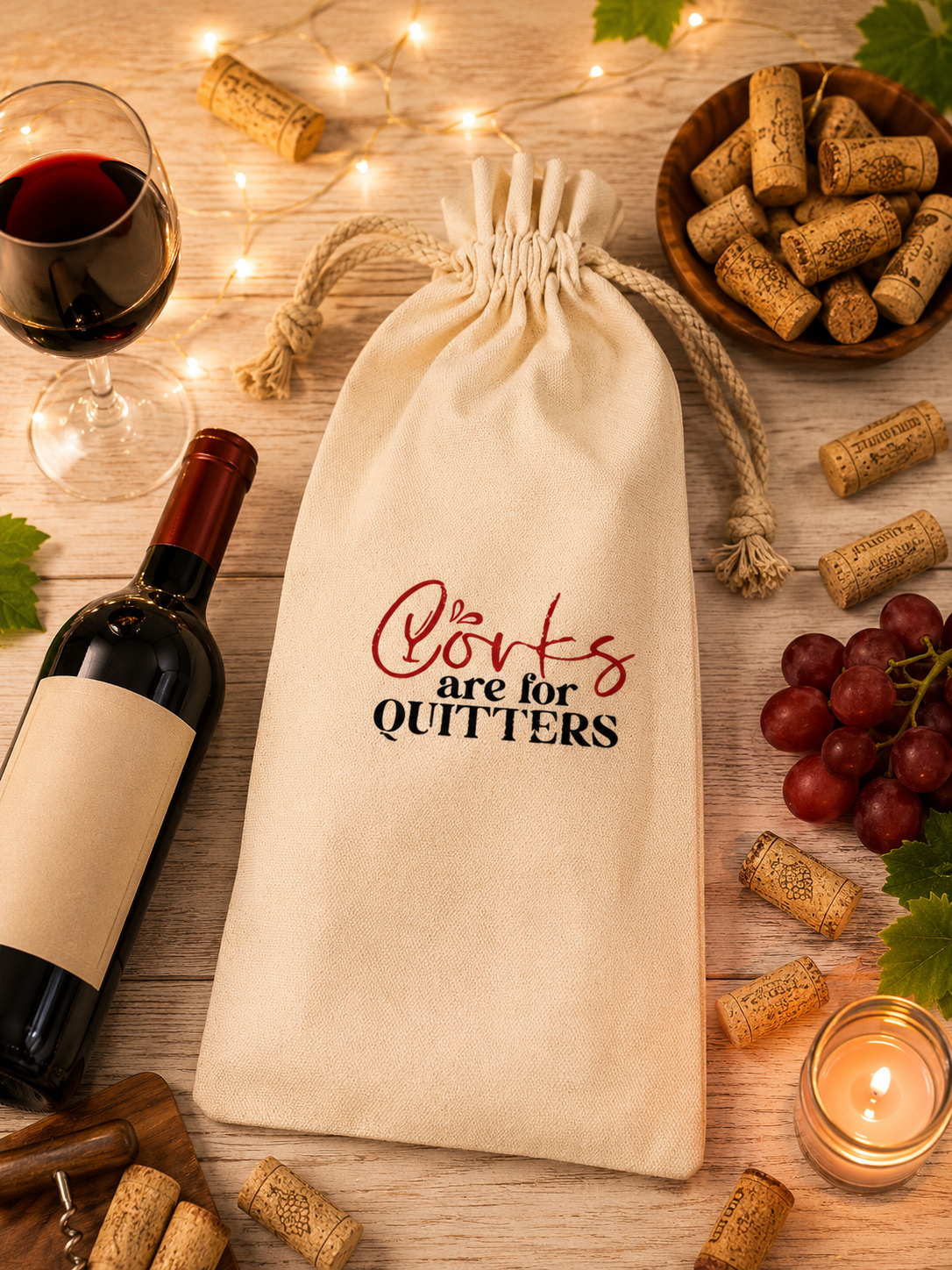 Custom Canvas Wine Bag- ("Corks are for Quitters") with red lettering and a red wine glass graphic—perfect for gifting. Size: 5.9" x 13.7".
