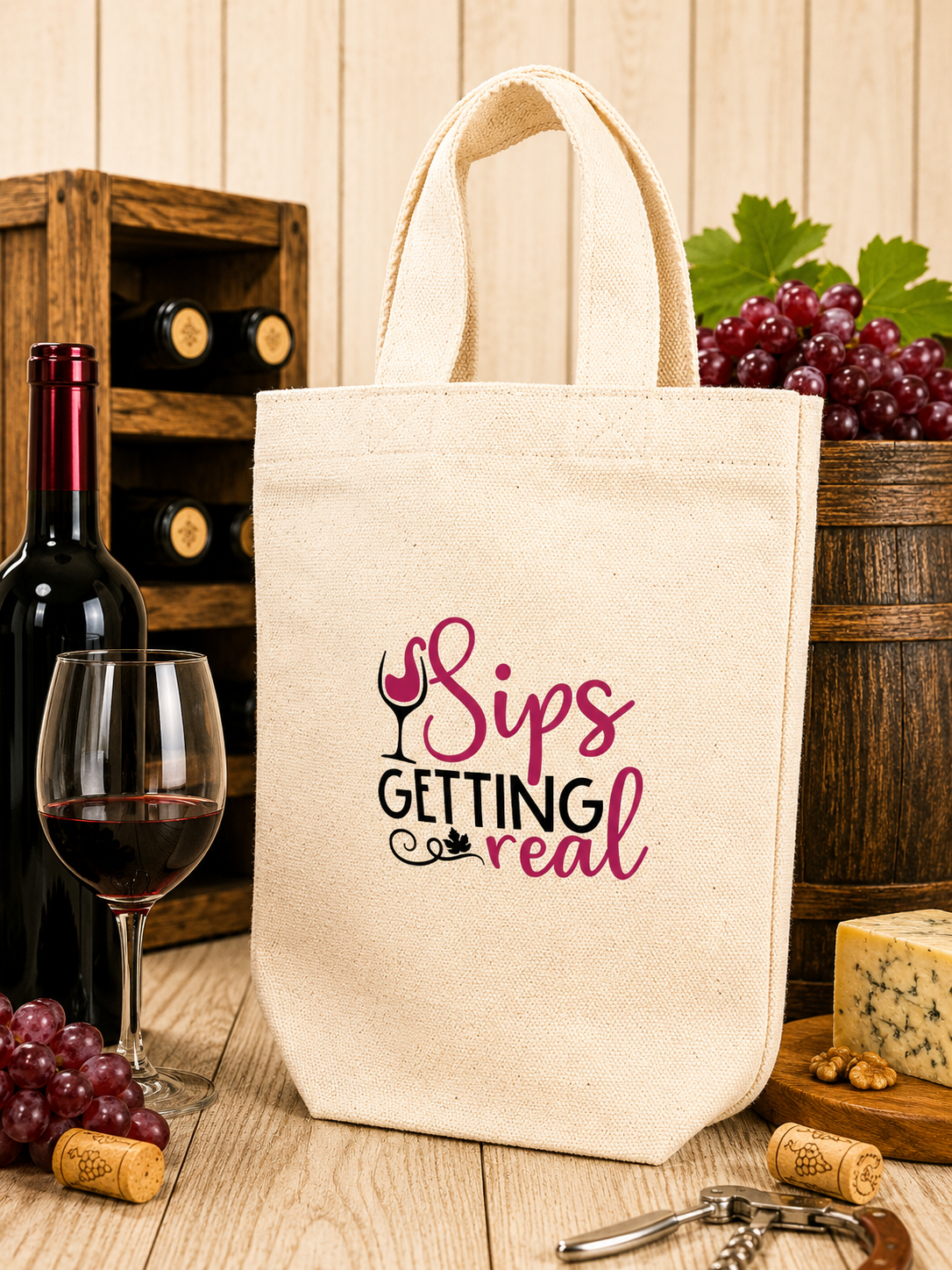 Custom Canvas Wine Bag - Sips Getting Real