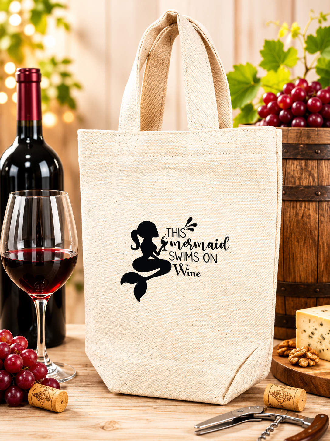 Custom Canvas Wine Bag - This Mermaid Swims on Wine