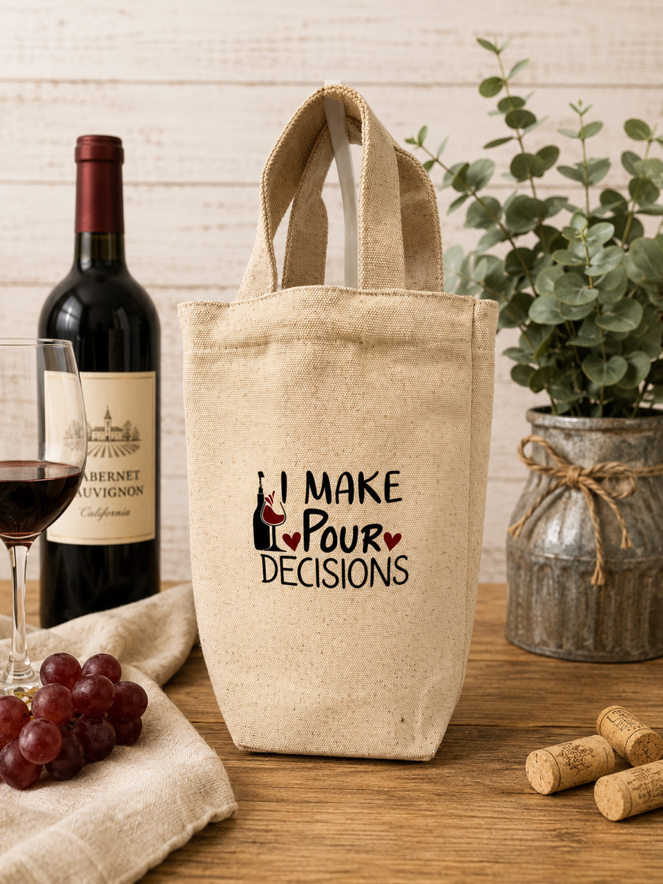 I make pour decisions (bottle wine red)-Canvas Wine Bag
