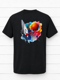 Custom Graphic T-Shirt- featuring a large design on the back—a blue and white basketball inside a hoop—set against a multicolored background.