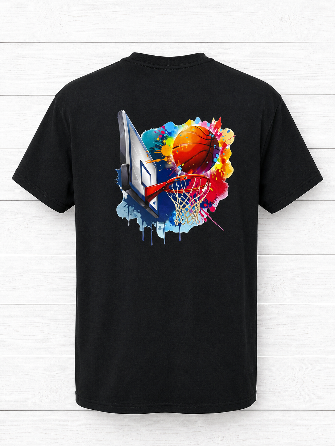 Custom Graphic T-Shirt- featuring a large design on the back—a blue and white basketball inside a hoop—set against a multicolored background.