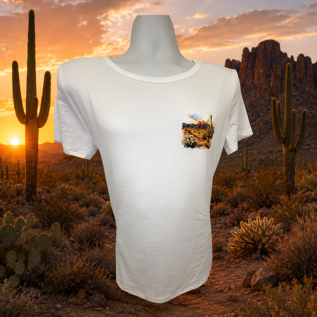 Custom Graphic T-Shirt- with a small desert design on the left side.