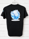 Custom Unisex T-Shirt- featuring a design with a large logo on the back and a small one on the sleeve; the graphic depicts a frozen baseball. Beautiful soft light blue color.