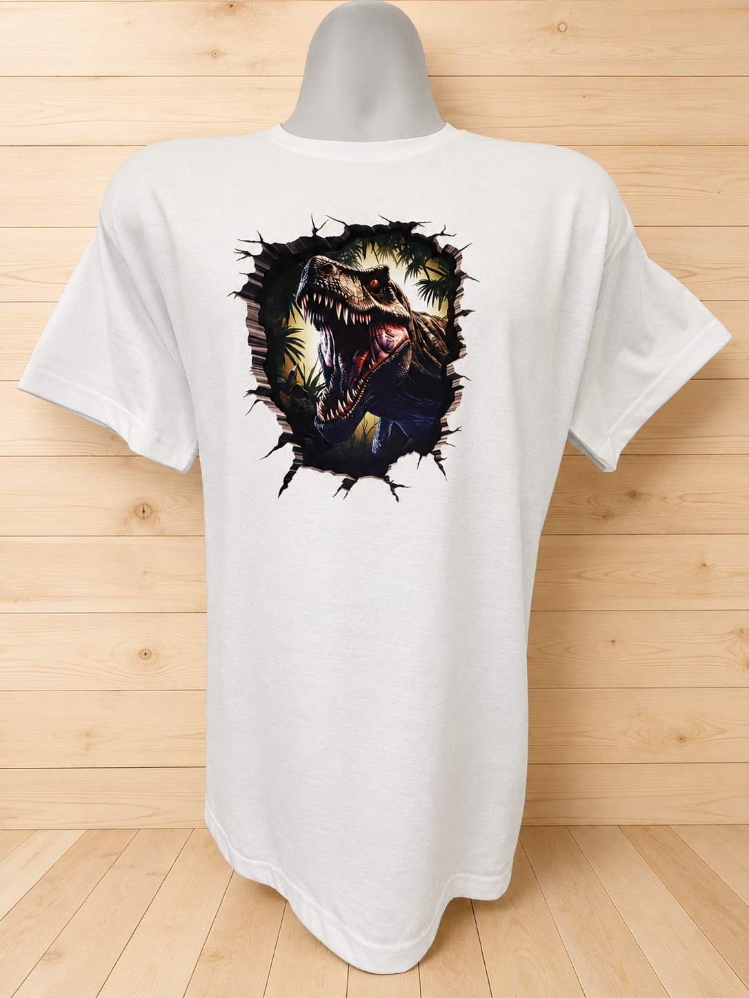 Custom Graphic T-Shirt-with a dinosaur design and a palm tree background.
