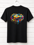 Custom Unisex T-Shirt- with a logo on the back and a multicolored race car design.