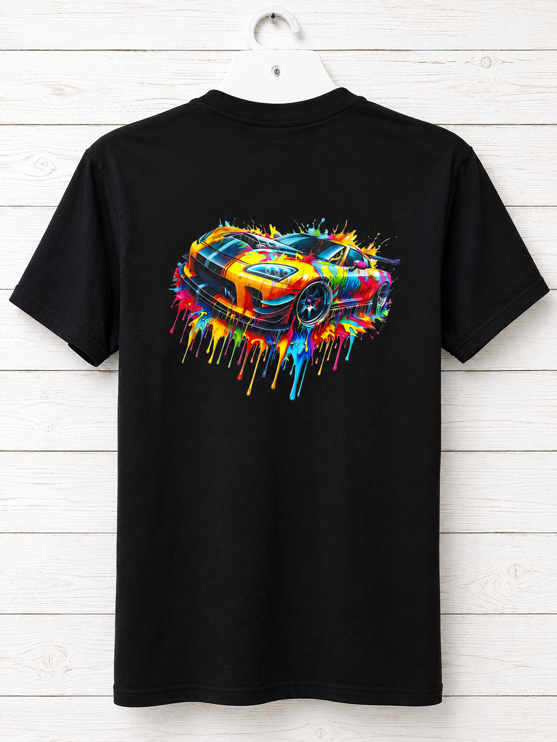 Custom Unisex T-Shirt- with a logo on the back and a multicolored race car design.