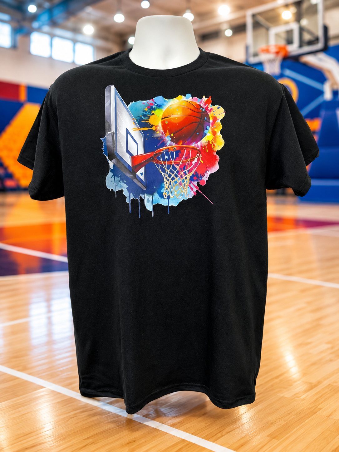 Custom Unisex T-Shirt- featuring a large design on the front—a blue and white basketball hoop—set against a multicolored background.