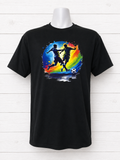Custom Unisex T-Shirt- featuring two soccer players inside a multicolored circle.