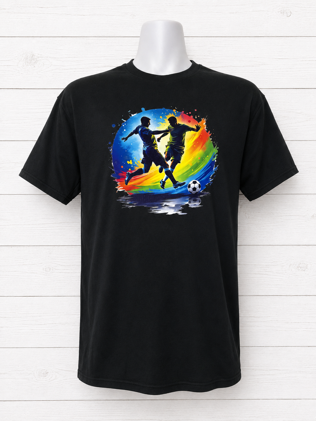 Custom Unisex T-Shirt- featuring two soccer players inside a multicolored circle.