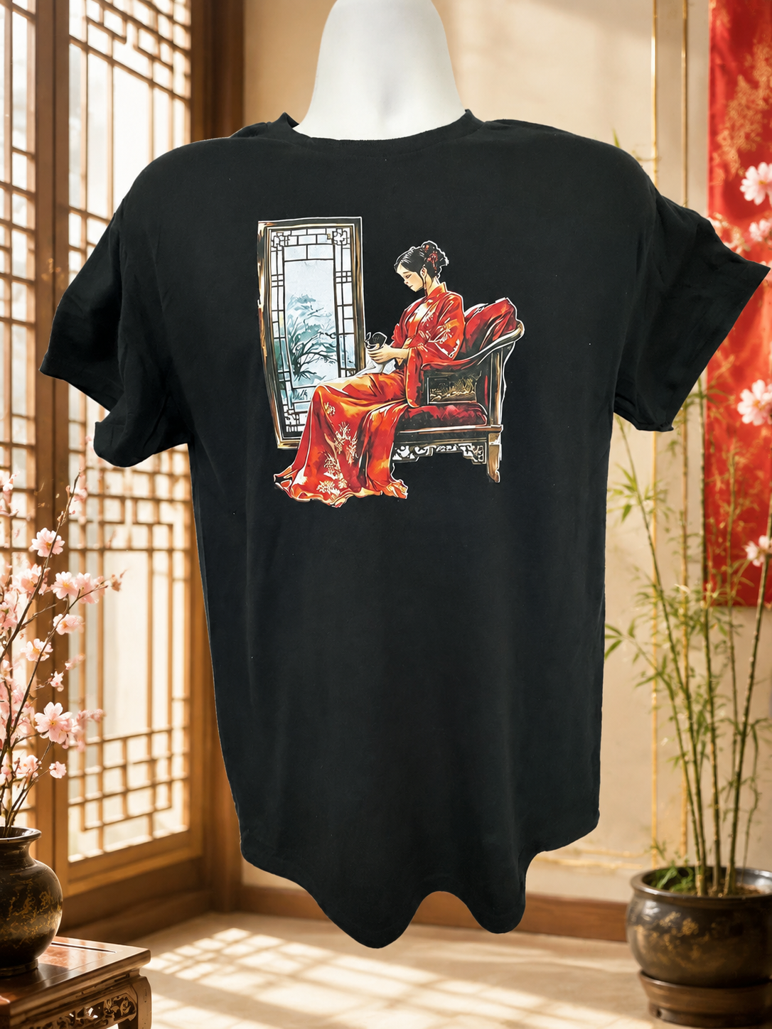 Custom Graphic T-Shirt-featuring a design of a Geisha dressed in red, sitting in front of a window and holding a small dog in her arms.