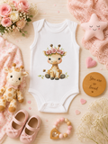 Custom Baby Bodysuit- baby giraffe sitting down  and wearing a flower crown