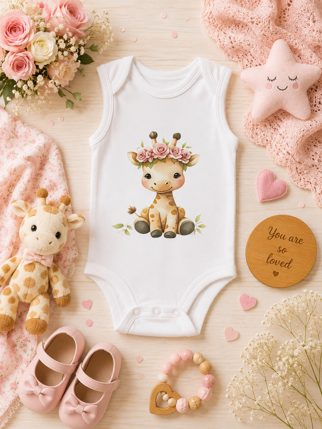 Custom Baby Bodysuit- baby giraffe sitting down  and wearing a flower crown