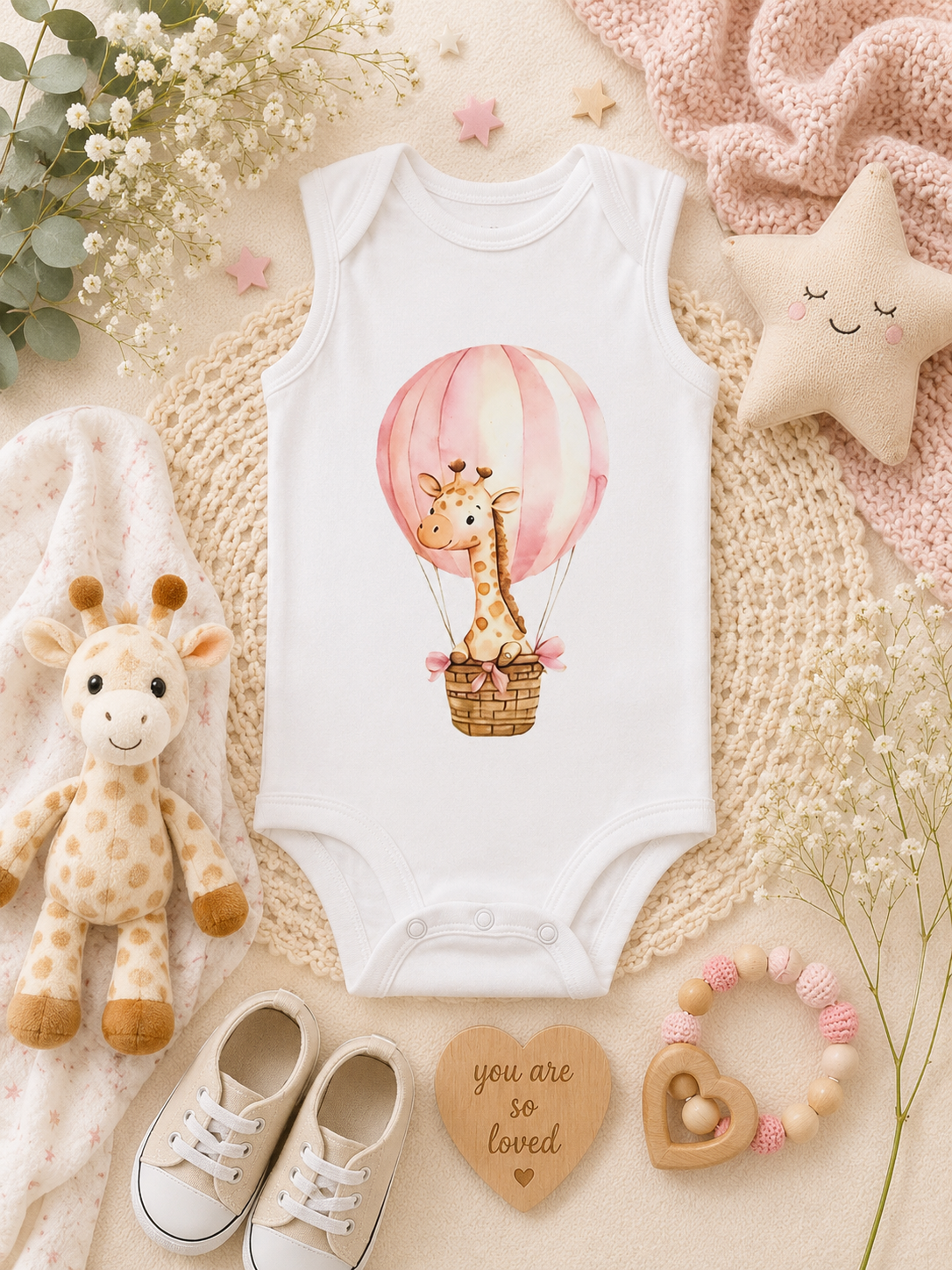 Custom Baby Bodysuit -Giraffe on a hot air balloon
