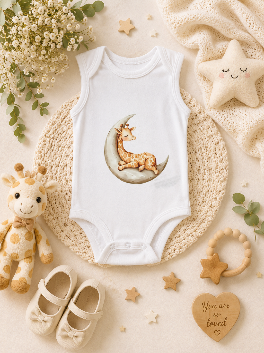 Custom Baby Bodysuit-baby giraffe lying on a crescent moon