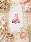 Custom Baby Bodysuit-giraffe  driving a pink car