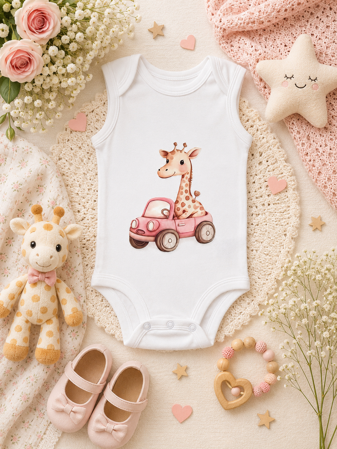 Custom Baby Bodysuit-giraffe  driving a pink car