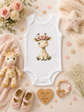 Custom Baby Bodysuit-a seated  baby giraffe winking and wearing a flower crown
