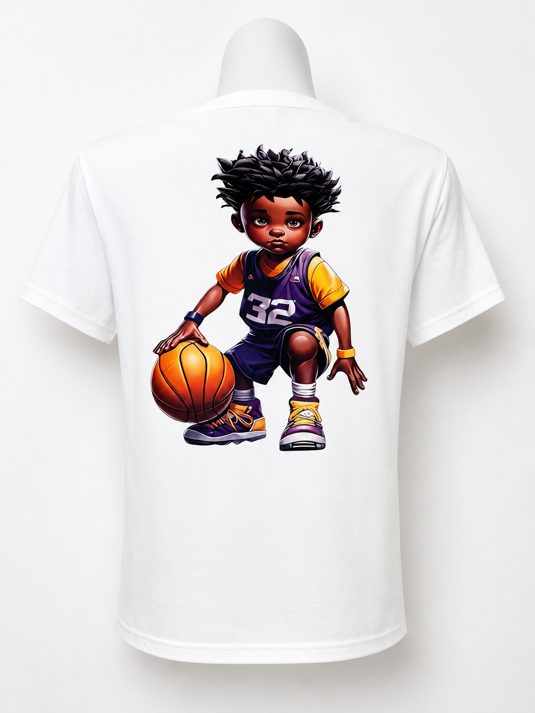 Custom Graphic T-Shirt-featuring a graphic of a boy playing basketball on the back.