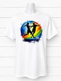 Custom Graphic T-Shirt-featuring two soccer players and a round, colorful background.
