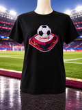 Custom Graphic T-Shirt-with a soccer ball design on a pink background.