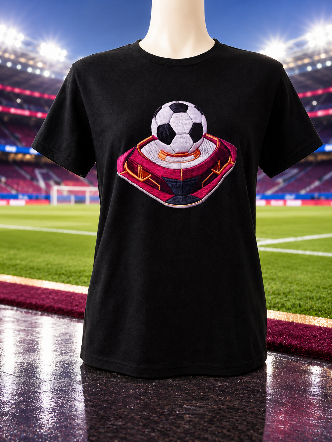 Custom Graphic T-Shirt-with a soccer ball design on a pink background.