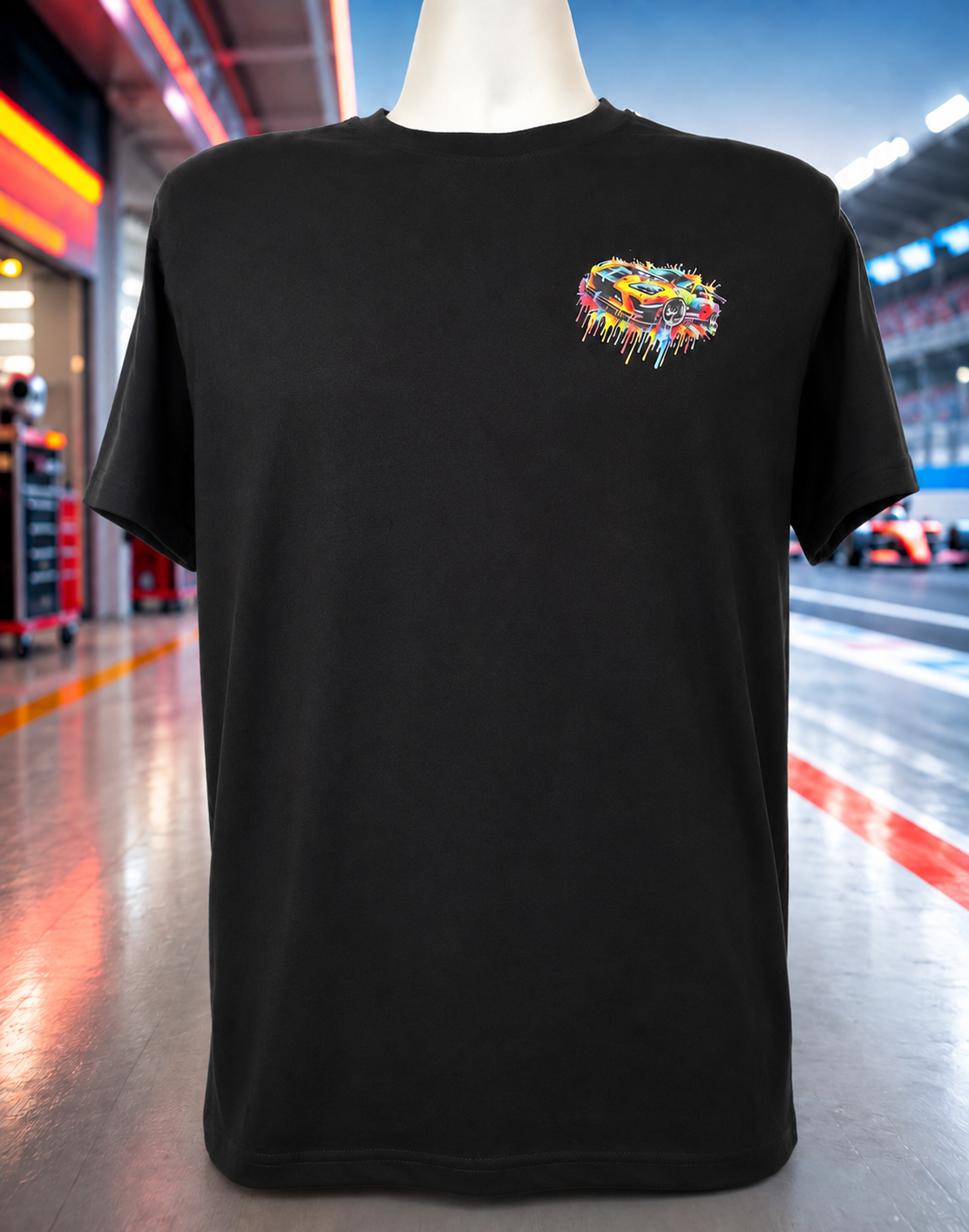 Custom Unisex T-Shirt-with a small logo on the left side and a design featuring a multicolored race car.